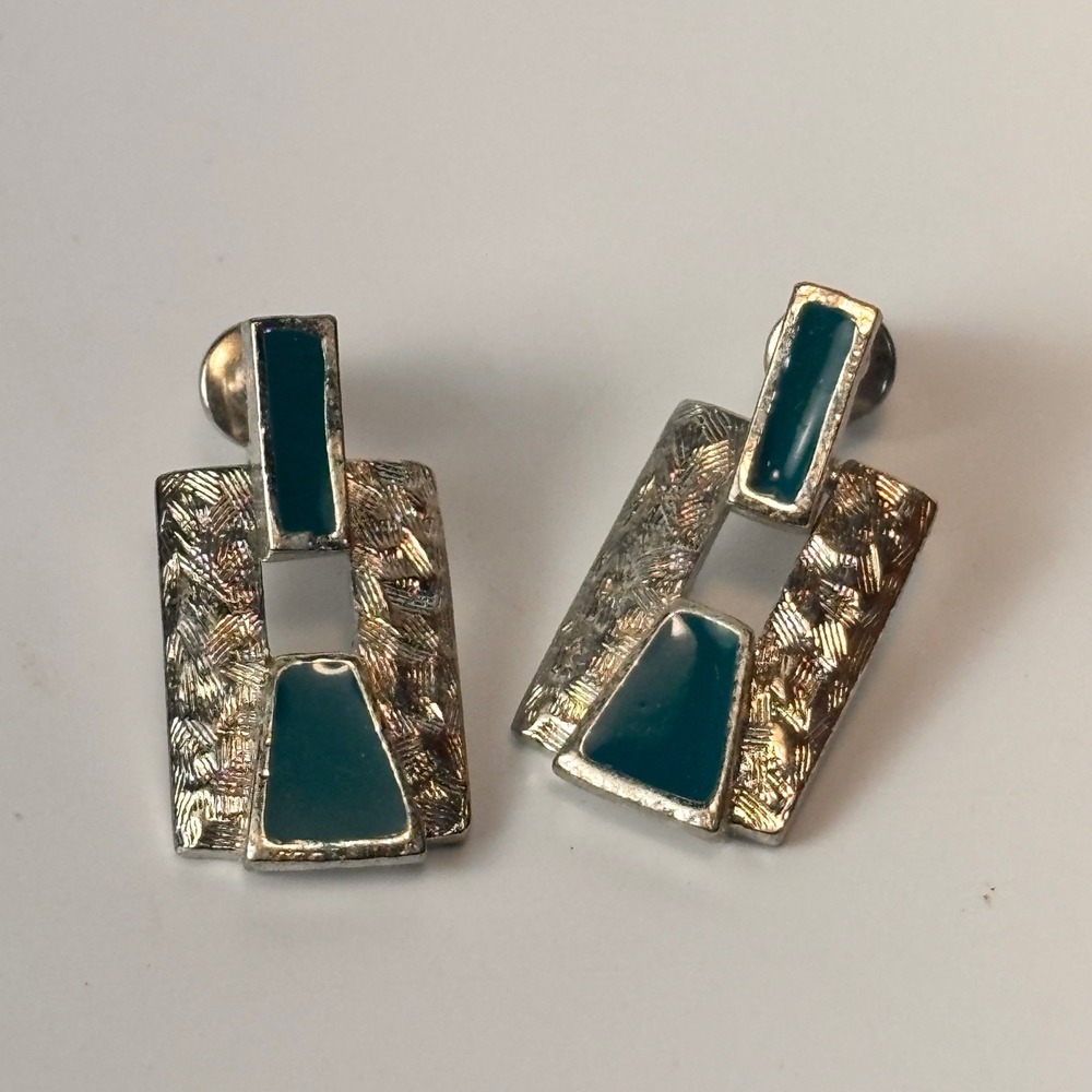 Geometric Drop Earrings Silver Teal Enamel Statement Retro Minimalist 90s Boho